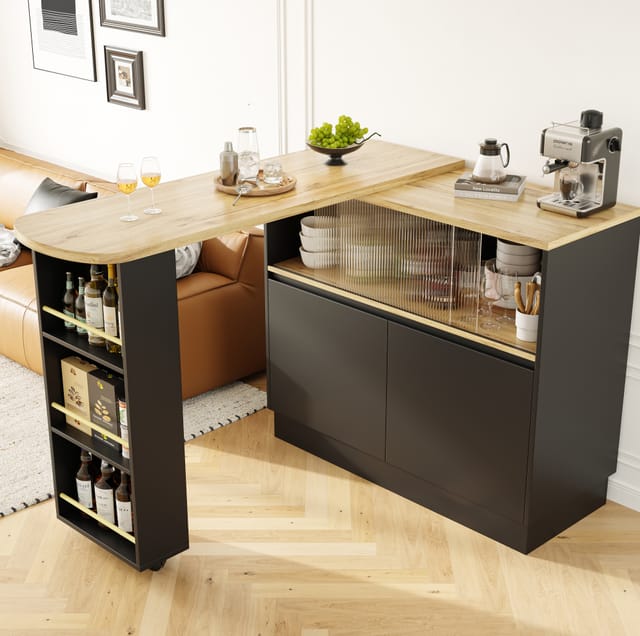 Bartisch Mdf Schwarz 90x45x100 Cm, 360° Drehbar, Mit Glasschiebetür Und Stauraum