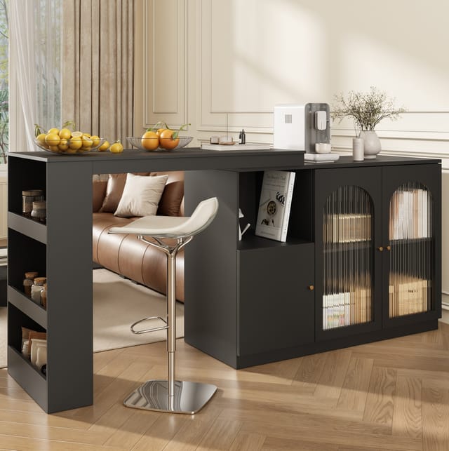 Bartisch Mdf Schwarz 120x40x97 Cm, 360° Drehbar, Mit Glastür Und Stauraum