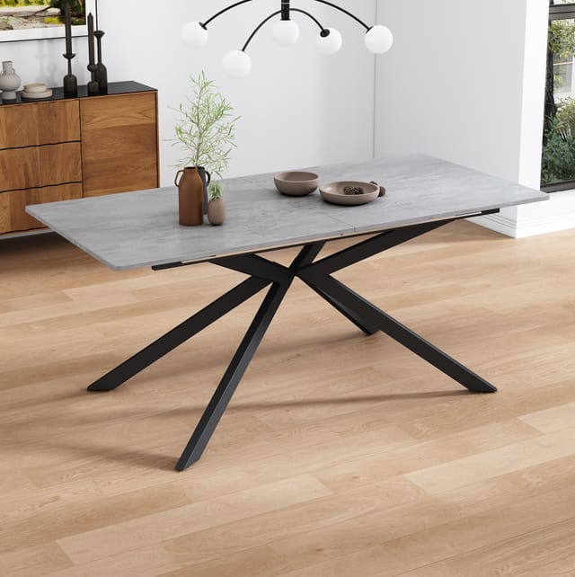 Esstisch Aus Mdf Und Metall In Schwarz/grau, Ausziehbar, Zementoptik, Kreuzgestell, 150/180x70x76 Cm