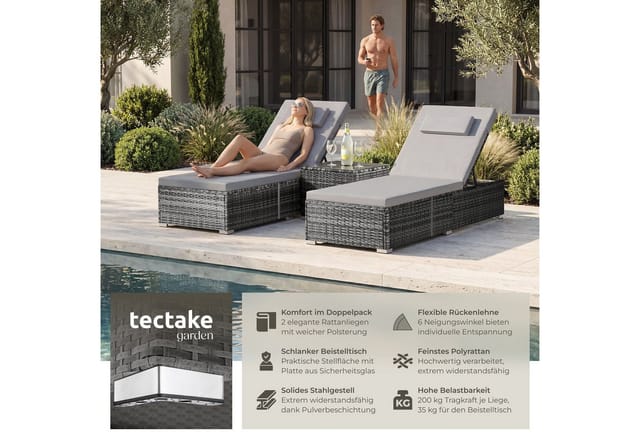 tectake Gartenliege Rattan-Doppelliege mit Tisch, mit abnehmbaren Kopfpolstern, Sonnenliege Carbonera, 1 St., in grau, wetterfest und UV-beständig, Belastbarkeit je 200 kg, verstellbar