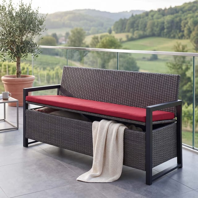 Poly-Rattan 3er Sitzbank MCW-F39, Gartenbank Truhenbank, Staufach Aufbewahrung Sitzkissen ~ grau, Kissen bordeaux