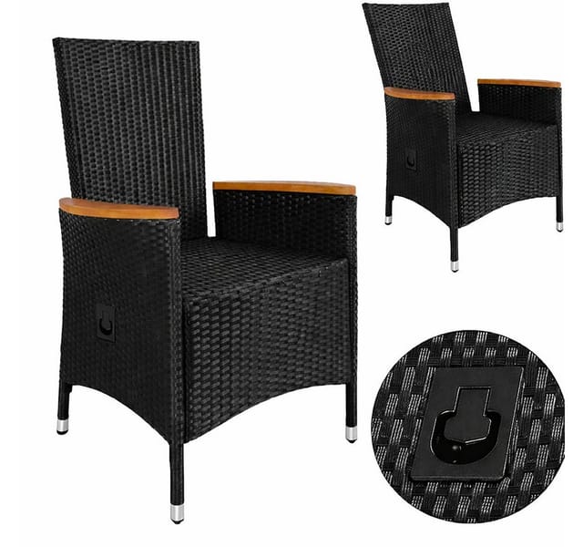 Casaria® Polyrattan Gartenstuhl 2er Set Neiglehner Rückenlehne Verstellbar Armlehne Akazienholz Wetterfest Garten Balkon Terrasse Gartensessel Schwarz