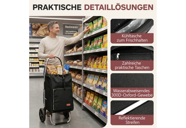 Sekey Einkaufstrolley mit Kühlfach Aluminium Rahmen 50L Rucksack Schwarz