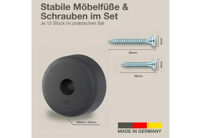 K-Möbel Möbelfüße 40 mm x 25 mm 12 Stück inkl 25mm & 30mm Schrauben