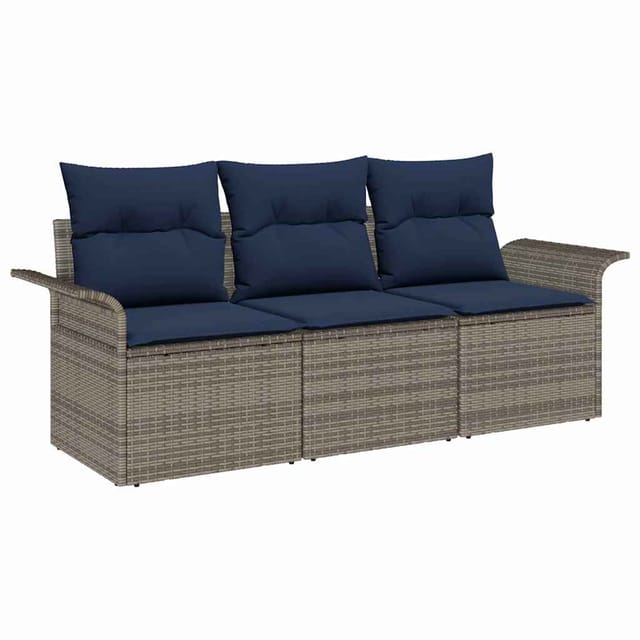 vidaXL Sofa Set mit Kissen 3 Stk Grau und Marineblau Poly-Rattan 3345225