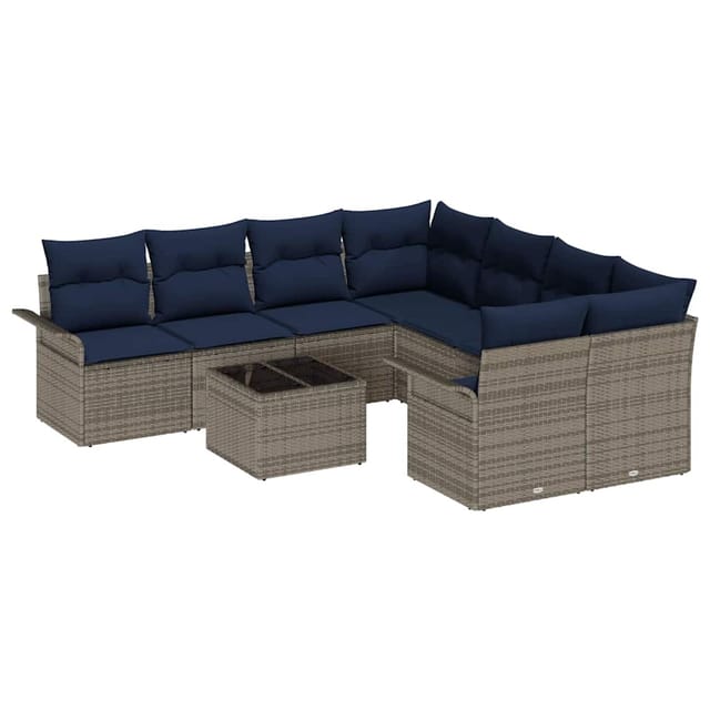 vidaXL Gartensofa-set mit Kissen 9 Stk Grau und Marineblau Poly-Rattan 3345305