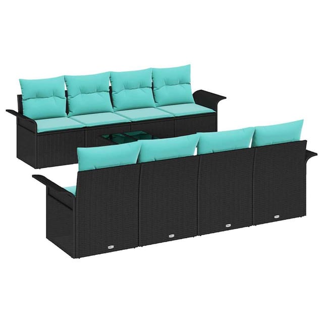vidaXL Gartensofa-set mit Kissen 9 Stk Schwarz und Türkis Poly-Rattan 3353965
