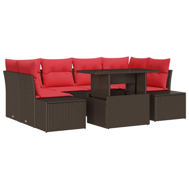 vidaXL Sofa Set mit Kissen 7 Stk Braun und Rot Poly-Rattan 3349120