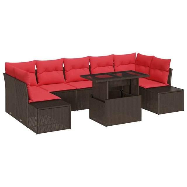 vidaXL Gartensofa-set mit Kissen 8 Stk Braun und Rot Poly-Rattan 3349140