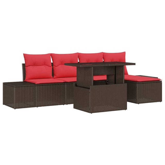 vidaXL Gartensofa-set mit Kissen 6 Stk Braun und Rot Poly-Rattan 3349170
