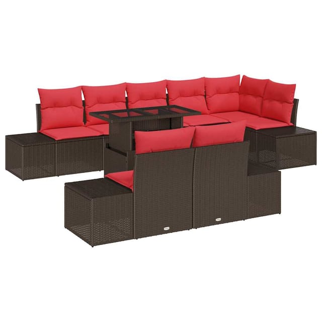 vidaXL Gartensofa-set mit Kissen 9 Stk Braun und Rot Poly-Rattan 3349210