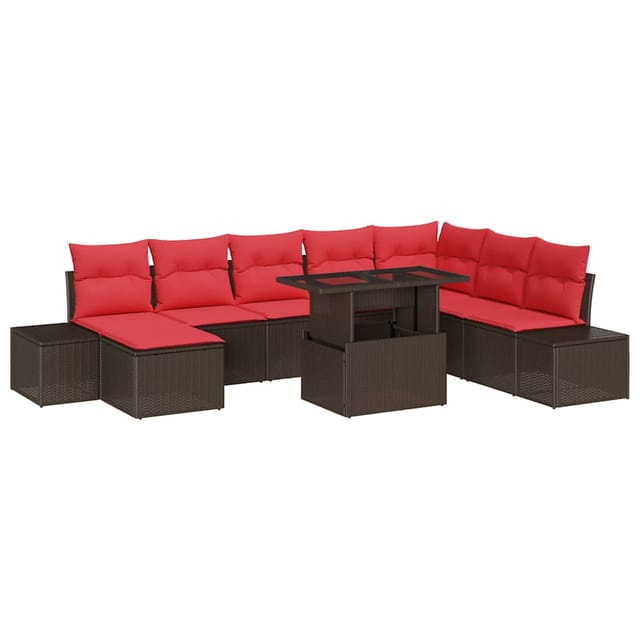 vidaXL Gartensofa-set mit Kissen 9 Stk Braun und Rot Poly-Rattan 3349240