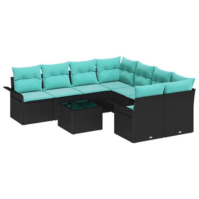 vidaXL Gartensofa-set mit Kissen 9 Stk Schwarz und Türkis Poly-Rattan 3353975