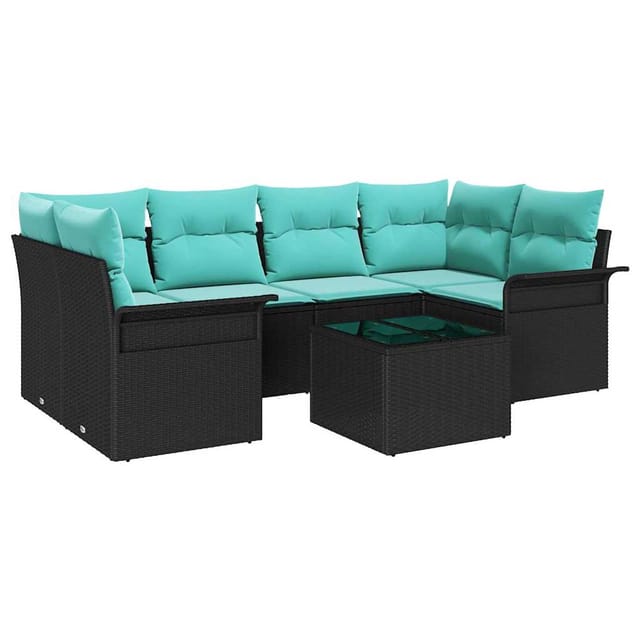 vidaXL Gartensofa-set mit Kissen 7 Stk Schwarz und Türkis Poly-Rattan 3353935