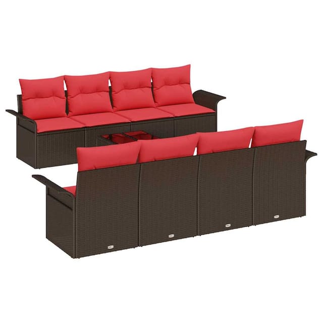 vidaXL Gartensofa-set mit Kissen 9 Stk Beige und Rot Poly-Rattan 3353963