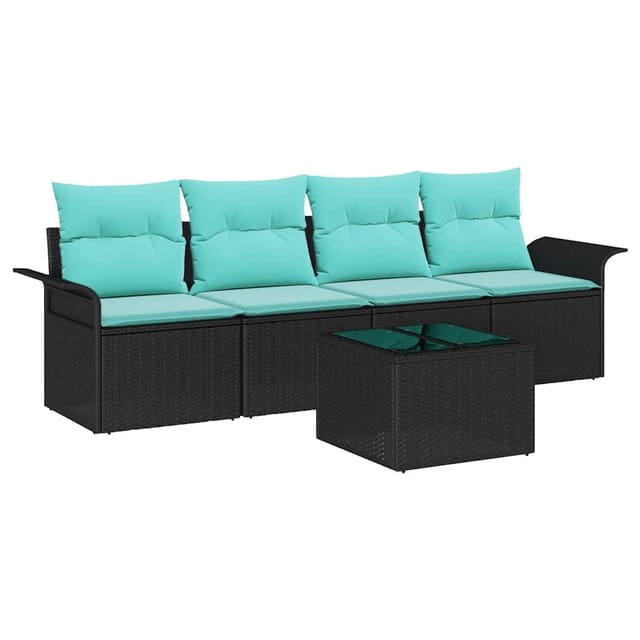 vidaXL Gartensofa-set mit Kissen 5 Stk Schwarz und Türkis Poly-Rattan 3353905