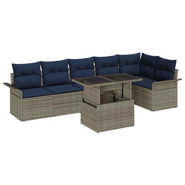 vidaXL Garten-Sofa-Set mit Kissen mit Speicher 7 Stk Grau Poly Rattan 3357038