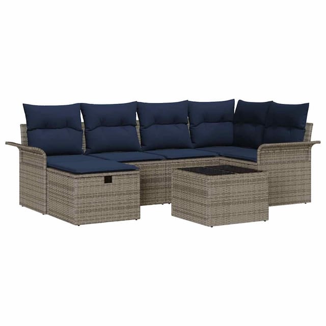 vidaXL Garten-Sofa-Set mit Kissen mit Speicher 7 Stk Grau Poly Rattan 3360226