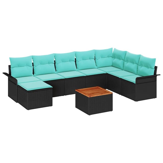 vidaXL Gartensofa-set 9 Stk Schwarz und Türkis Poly-Rattan 3356037