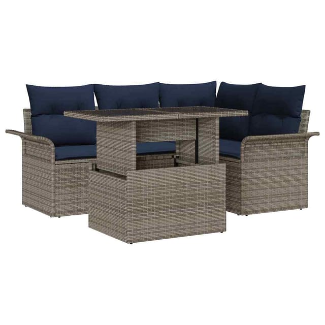vidaXL Gartensofa-set mit Kissen mit Speicher 5 Stk Grau Poly Rattan 3357018