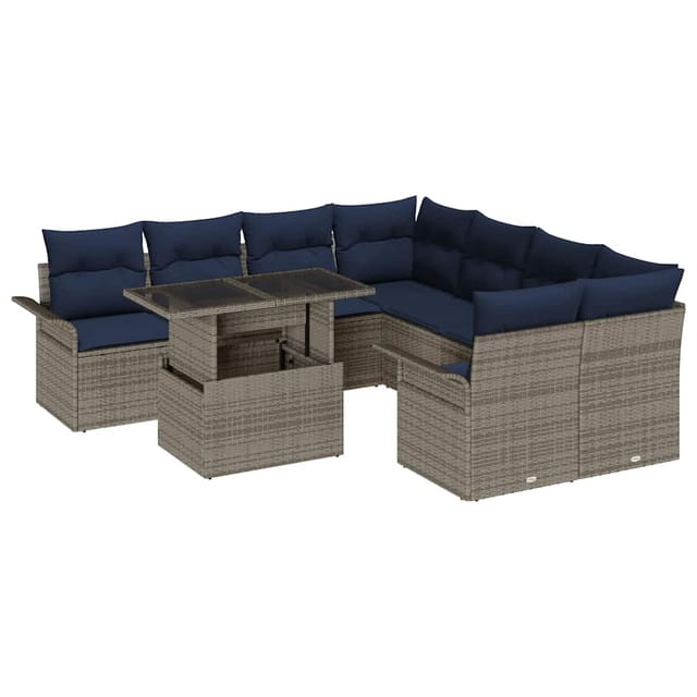 vidaXL Gartensofa-set mit Kissen mit Speicher 9 Stk Grau Poly Rattan 3356998