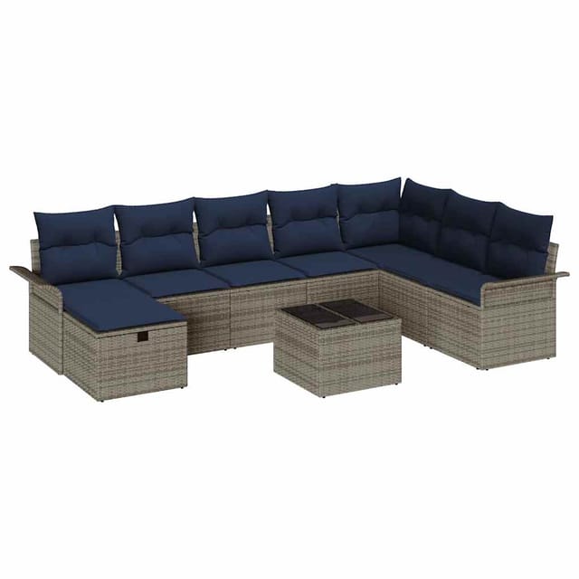 vidaXL Gartensofa-set mit Kissen 9 Stk Grau und Marineblau Poly-Rattan 3358944