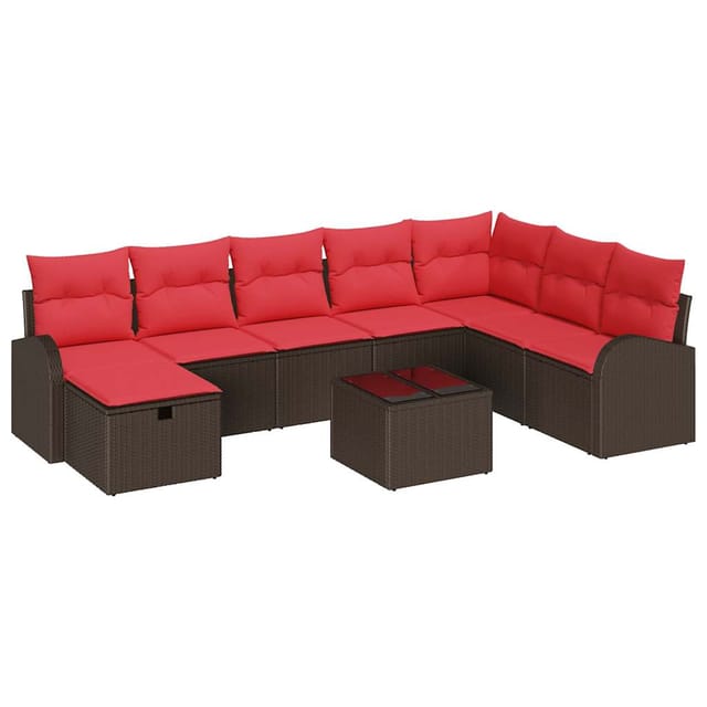 vidaXL Sofa Set mit Kissen 9 Stk Braun und Rot Poly-Rattan 3359143
