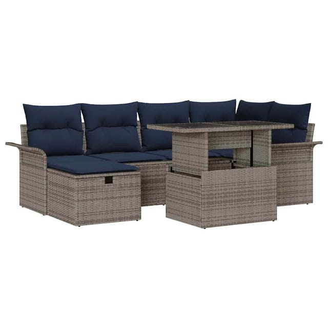 vidaXL Garten-Sofa-Set mit Kissen mit Speicher 7 Stk Grau Poly Rattan 3359682