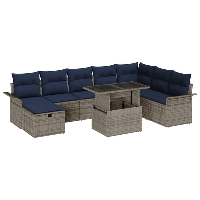 vidaXL Garten-Sofa-Set mit Kissen mit Speicher 9 Stk Grau Poly Rattan 3359702