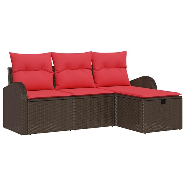 vidaXL Sofa Set mit Kissen 4 Stk Braun und Rot Poly-Rattan 3359053