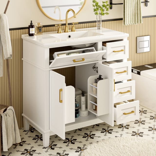 90 X 46 X 87 Cm, Weiß Lackierter Badezimmer-standschrank, Geräuschlose Schubladendämpfung, Klappgriff, Doppelschranktürregal, Beine Aus Massivholz, Goldener Griff, Integriertes Keramikwaschbecken,weiß