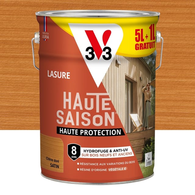 V33 Hochsaison-holzlasur, 8 Jahre, Seidenmatt, Goldene Eiche, 5 L + 20 % Gratis V33