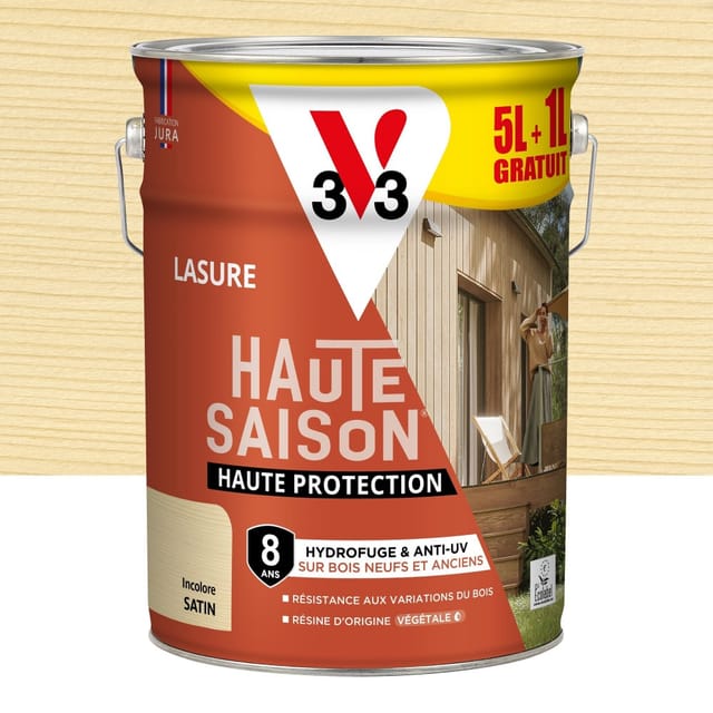 V33 Hochsaison-holzlasur, 8 Jahre Haltbar, Farblos, Seidenmatt, 5 L + 20 % Gratis V33