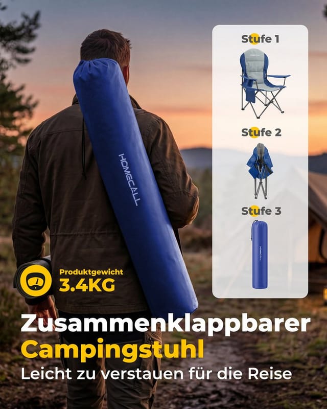 Homecall Campingstuhl Hochlehner 110cm mit Lendenwirbelstütze Klappstuhl Angelstuhl Faltbar, (Bis 150kg, gepolstert, faltbar, stabil, 2 St), für Camp Garten Balkon (marineblau)