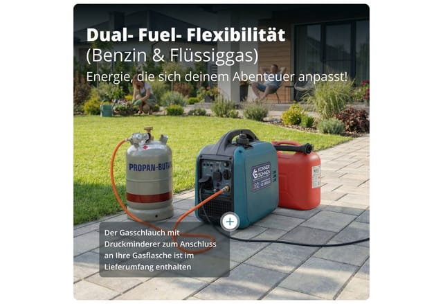 Könner & Söhnen Stromerzeuger KS 1900iG S, 1900 in kW, (Hybrid Inverter 2kW (Benzin/LPG) – ultraleicht 17kg, 1-tlg., Dual Fuel LPG/Benzin, 2000W Peak, reine Sinuswelle, Eco-Mode), Inkl. Gasschlauch, USB-Ports, nur 17kg, Parallelfunktion
