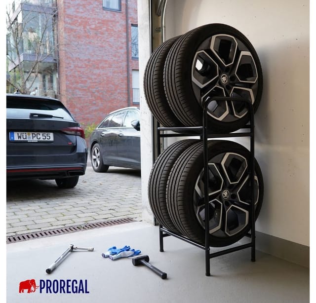 PROREGAL® Schwerlastregal Reifenregal Räderregal Garagenregal CARRERO für 4-8 Reifen Schwarz, Reifenschonnende Lagerung Winterregien Sommerreifen Allwetterreifen