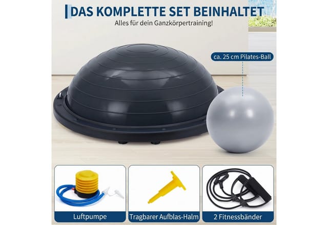 GarveeMore Half Ball Balance-Trainer Halbkugel Set aus PVC, Ø 64 cm, Höhe 22 cm, inkl. 2 Widerstandsbänder, Fußpumpe & Pilatesball (25 cm)