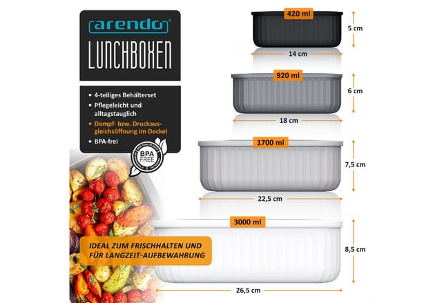 Arendo Frischhaltedose mit Deckel & Ventil, 4er Set, Vorratsdosen, Lunchboxen, auslaufsicher, Kunststoff, (Set, 4-tlg., 4 Größen (3 L, 1,7 L, 0,92 L, 0,42 L), stapelbar, BPA-Frei), Mikrowellen, Gefrier & spülmaschinengeeignet, lebensmittelecht