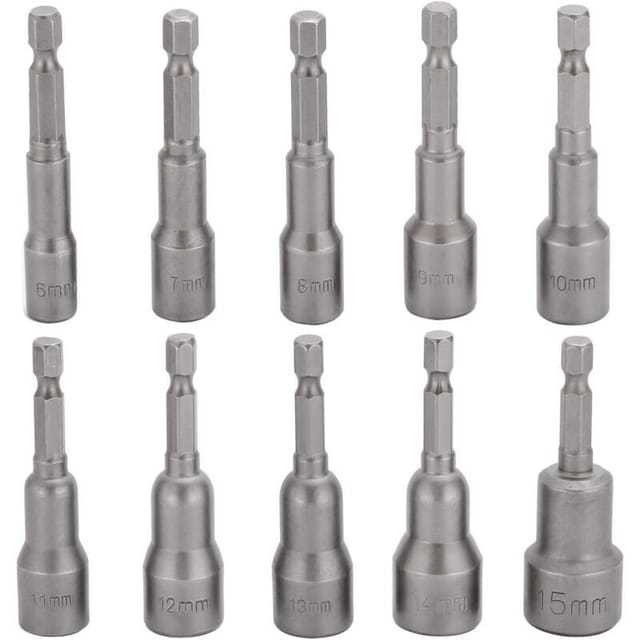 Magnetisches Schlagschrauber-bit-set – 10-teiliges Sechskant-steckschlüssel-set 6–15 Mm Für Bohrmaschinen, Kompatibel Mit Akku-werkzeugen