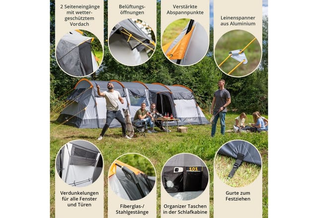 Skandika Gruppenzelt Hurricane 12 Sleeper Protect, Familienzelt mit eingenähtem Zeltboden, (Sleeper Technology, 2 Eingänge, Haken für Zeltlampe, Organizer-Taschen), 2 dunkle teilbare Schlafkabinen, 5000 mm Wassersäule, 215 cm Stehhöhe