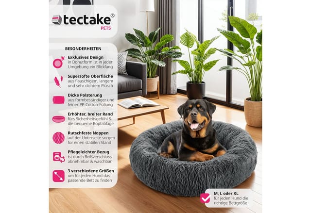 tectake® Hundebett, rund mit langem Plüsch, rutschfeste Unterseite, waschbar