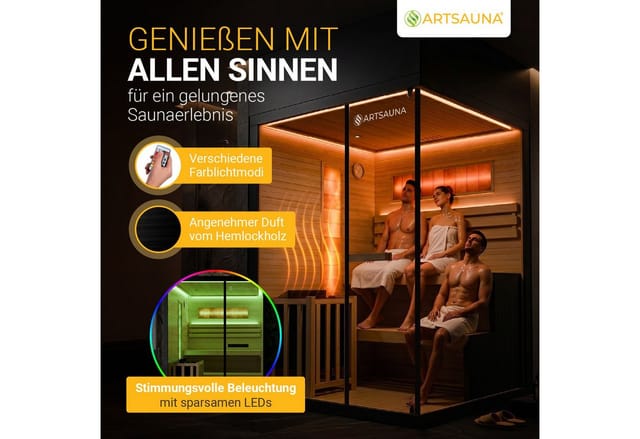 Saunakabine Vantaa 150 Mit Salzstein - Indoor Sauna 3 Personen - 4,5kw Ofen, Glasfront, Led Licht, Thermometer & Sanduhr - Komplett Set - Artsauna