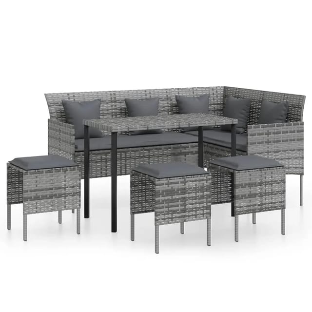 vidaXL 5-tlg Sofagarnitur in L-Form mit Kissen Poly Rattan Grau Modell 1