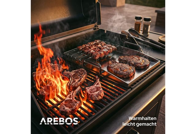 Arebos Grillplatte Edelstahle Grillplatte 40x30 cm Plancha für Gas & BBQ (Set), Fettablauf, versiegelte Kanten, inkl. Zubehör, vielseitig einsetzbar