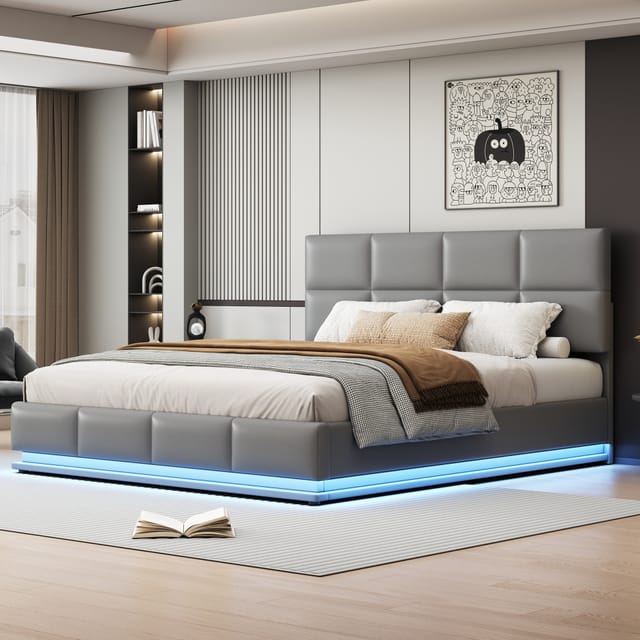 Bett Mit Stauraum Kunstleder Zementgrau 180x200 Cm, Led-beleuchtung, Lattenrost, Hydraulisch Anhebbar