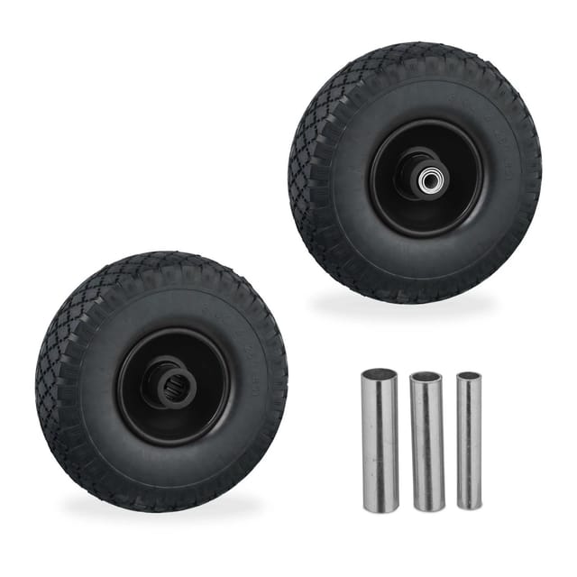 Relaxdays - Sackkarrenrad 2er Set, 3.00-4, Vollgummi, Komplettrad Stahlfelge, 3 Adapter, Ersatzrad Schubkarre, Schwarz