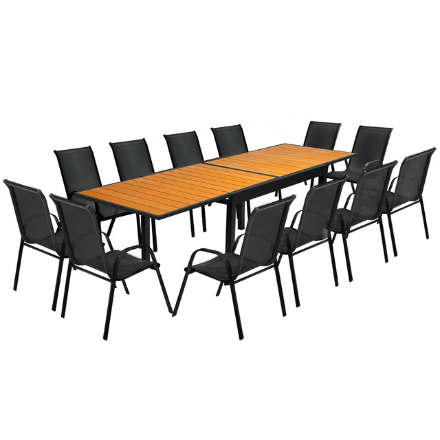 Gartenmöbel Poly Ausziehbar Tisch 135/270 Cm Und 12 Stühle Holz Und Schwarz
