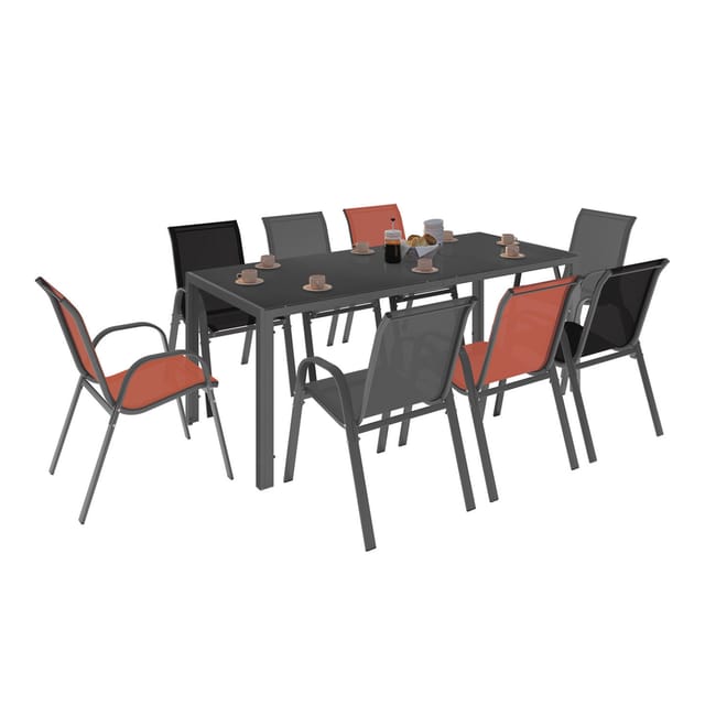 Gartenmöbel Madrid Tisch 190 Cm Und 8 Stapelbare Stühle Mix Color Grau, Schwarz Und Terracotta