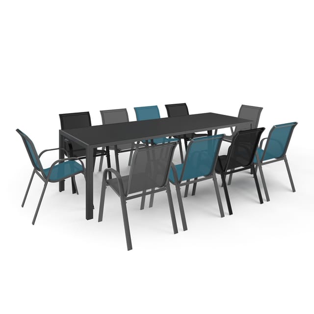 Gartenmöbel Madrid Tisch 240 Cm Und 10 Stapelbare Stühle Mix Color Blau, Grau Und Schwarz