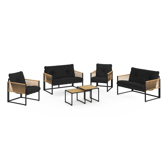 Niedrige Gartenmöbel Rio 6-sitzer Mit Schwarzem Metallgestell, Hellem Rattantau Und Schwarzen Kissen